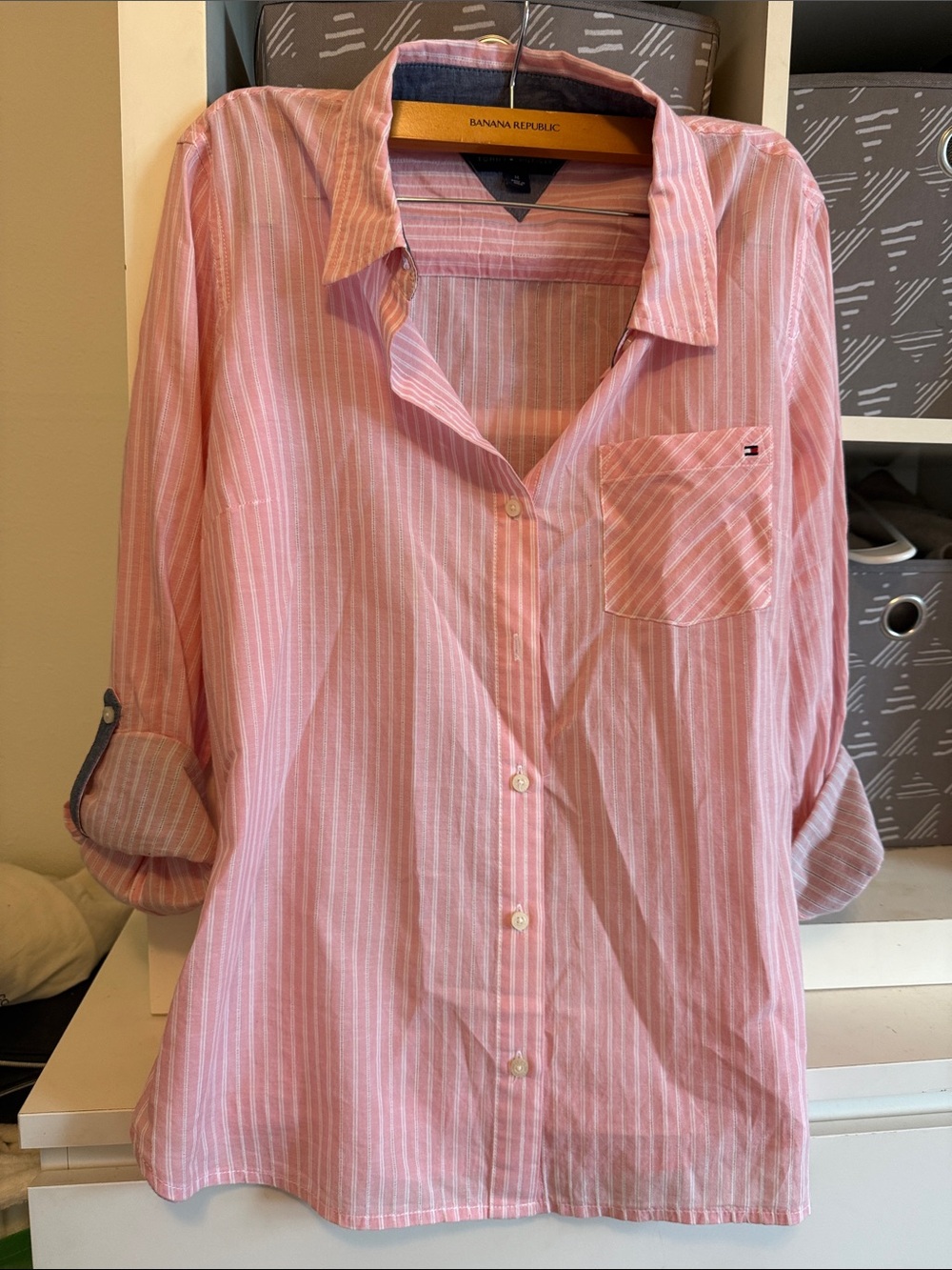 Tommy Hilfiger Pink and White Striped Roll-Tab Button-Down Shirt
